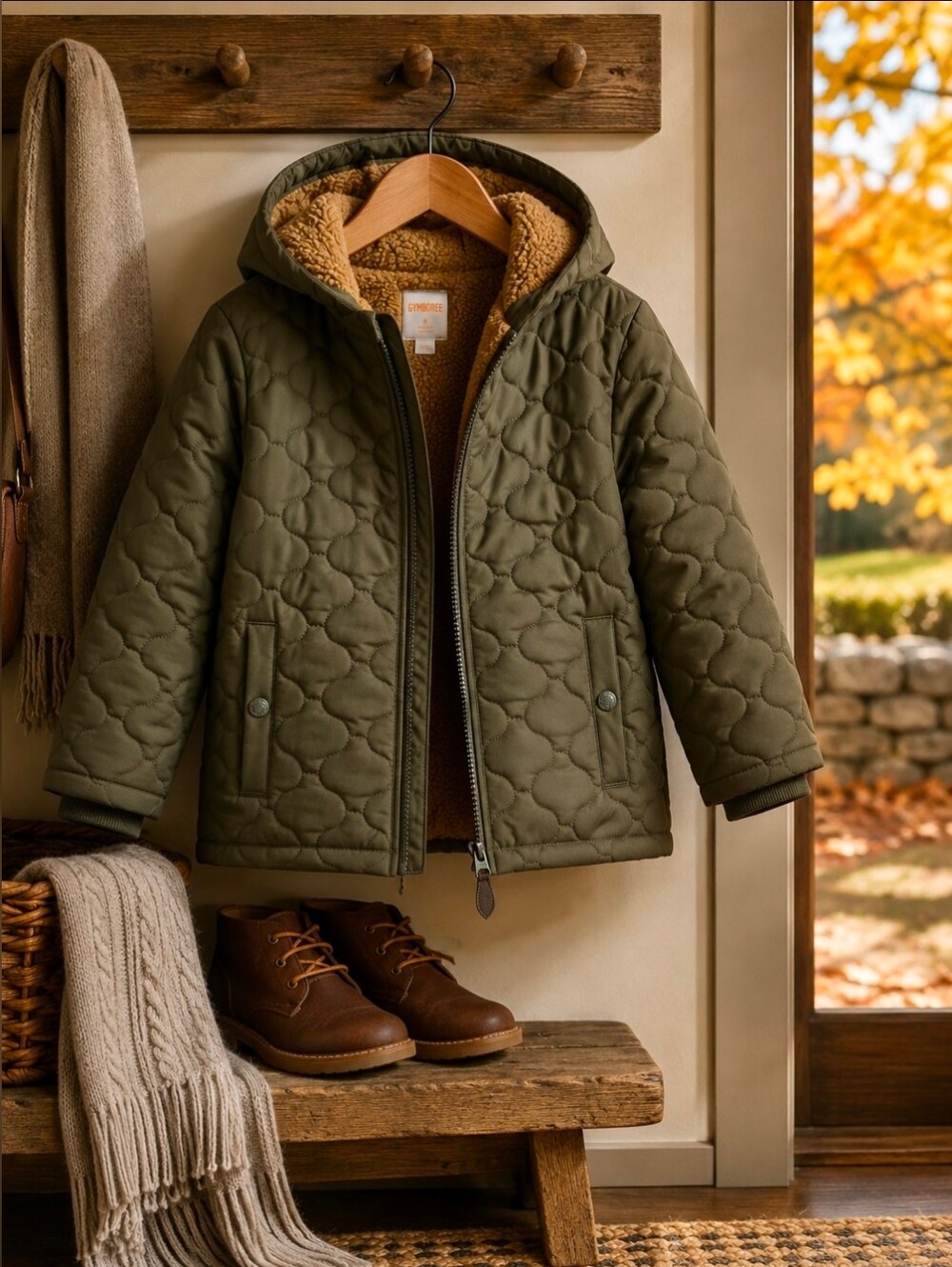 NWT Gymboree Boys 8 Sherpa Lined Quilted Hooded Coat Olive Green
